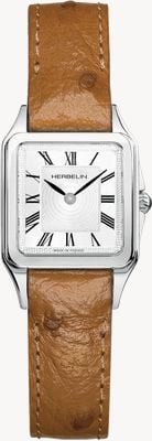 Herbelin Luna Quartz (24mm) Silver Guilloché Dial / Brown Ostrich Leather Strap 17457AP01GD