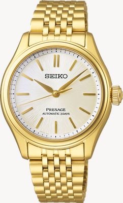 Seiko Presage série classique 'shiro-iro' automatique (36 mm) cadran en soie blanche / bracelet en acier inoxydable doré SPB524J1