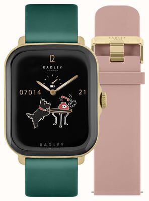 Radley Reloj inteligente para llamadas Serie 20 (37 mm) con juego de correa intercambiable de silicona rosa y cuero verde RYS20-2124-SET