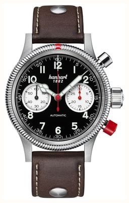 Hanhart Cronógrafo automático Pioneer MK II (40 mm) com mostrador panda invertido / pulseira de couro marrom escuro com rebites - tamanho M 716.211-0110