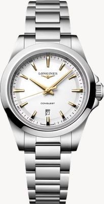 LONGINES Conquest Quarz (30mm) Uhr mit weißem Zifferblatt und goldfarbenen Zeigern / Edelstahlarmband L33504126