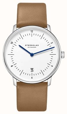 STERNGLAS Cuarzo Naos (38 mm), esfera blanca / correa de piel marrón de primera calidad S01-NA44-PR01