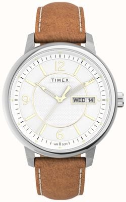 Timex Чикаго белый циферблат коричневый кожаный ремешок TW2V28900