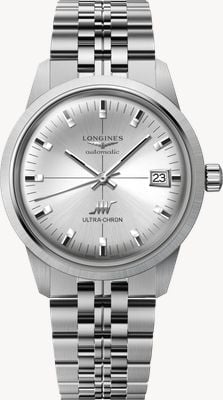 LONGINES Orologio cronometro automatico classico Ultra-chron (37 mm) con quadrante argentato a raggiera e bracciale in acciaio inossidabile. L25374726