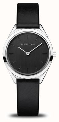 Bering Women's Ultra-Slim | Polished Silver | Black Leather Strap 17031-402