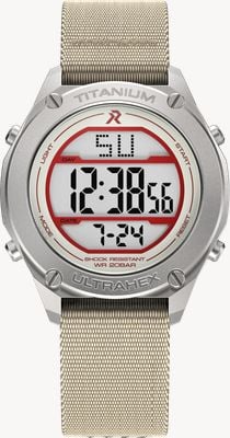 RZE 'First Contact' UTD-8000 multifunctioneel display (42 mm) met positieve weergave / crèmekleurige elastische nylon band UTD-8000-FC