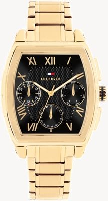 Tommy Hilfiger Reloj multifunción Th-Oxford (36 mm), esfera negra y brazalete de acero inoxidable con PVD dorado. 1710764