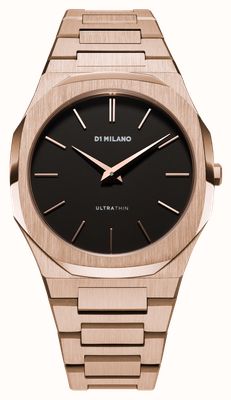 D1 Milano Ultradünnes, roségoldenes (40 mm) Zifferblatt in mattem Schwarz / roségoldenes PVD-beschichtetes Edelstahlarmband UTBJ42