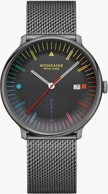 Mondaine Reloj Doppio de inspiración Bauhaus (41 mm) con esfera negra y brazalete de malla de acero inoxidable con revestimiento PVD negro. MLE.41221.SM