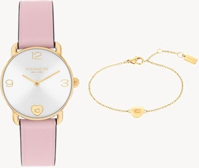 Coach Relógio Elliot de quartzo com dois ponteiros - conjunto para presente (28 mm) mostrador prateado / pulseira de couro rosa 14000137