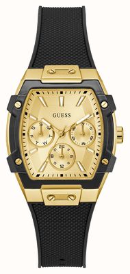 Guess Phoenix multifonction (35 mm), cadran doré soleillé / bracelet en silicone noir GW0945L2