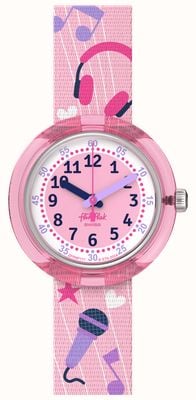 Flik Flak Karaokeee (31,85 mm) rosa-weißes Zifferblatt / rosa Armband mit Musikmuster FPNP171
