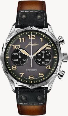 Junghans Pilotenchronoscoop (43,3 mm) donkergrijze wijzerplaat / zwart en bruin lederen band 27/3493.00