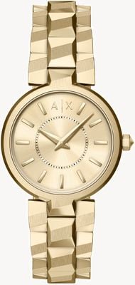 Armani Exchange Quarzwerk mit zwei Zeigern (34 mm), goldfarbenes Zifferblatt mit Sonnenschliff / goldfarbenes PVD-beschichtetes Edelstahlarmband AX4407