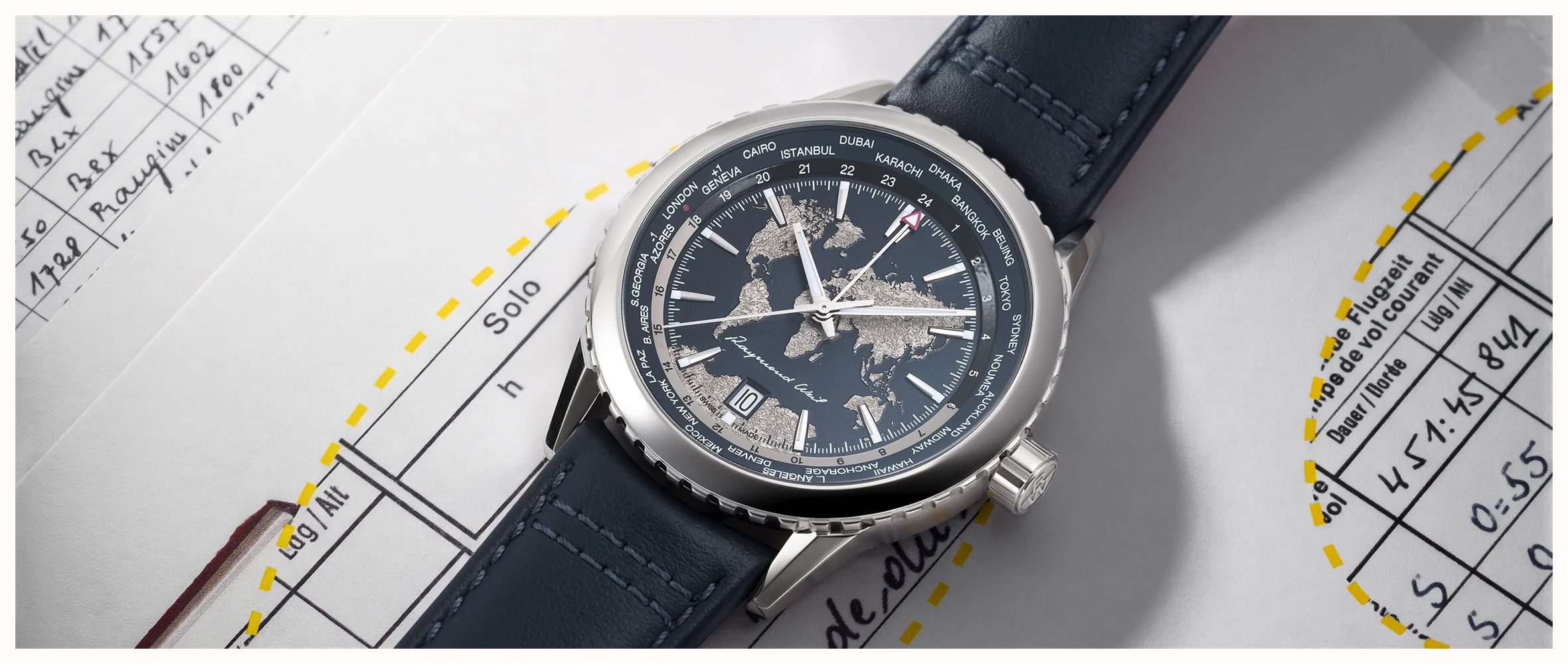 Raymond Weil Freelancer World-Traveller GMT Limited Edition (40mm) Blue 'World Map' Dial / Blue Leather Strap 2762-STC-02026 - vista alternativa 6