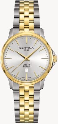 Certina Zegarek kwarcowy Ds-8 lady (31 mm) ze srebrną tarczą / dwukolorową bransoletą tytanową C0450105503100