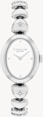 Coach Relógio Sammy de quartzo com dois ponteiros (22,5 mm), mostrador branco e pulseira de aço inoxidável em formato de coração. 14504639