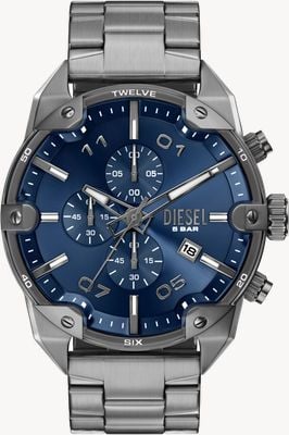 Diesel Chronograph mit Spikes (49 mm) blaues Sunburst-Zifferblatt / Wehrlose PVD-Edelstahlarmband DZ4724