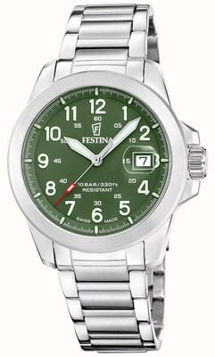 Festina Schweizer Feldquarzuhr (42 mm), grünes Zifferblatt / austauschbares Armbandset (Stahl/Leder/Nato) F20081/3