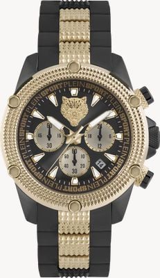 Plein Sport HURRICANE Chronograph (44mm) Black & Gold Dial / Black Silicone & Steel Strap PSDBA0523