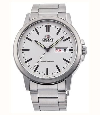 Orient Montre mécanique contemporaine jour/date (41,9 mm), cadran blanc, bracelet en acier inoxydable RA-AA0C03S39B