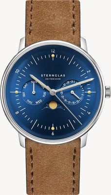 STERNGLAS Montre Naos à quartz à phase de lune (38 mm), cadran bleu nuit soleillé / bracelet en daim marron S01-NM06-WL01