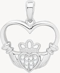 Treasure House Silver Rhodium CZ Set Heart Claddagh Pendant G61060