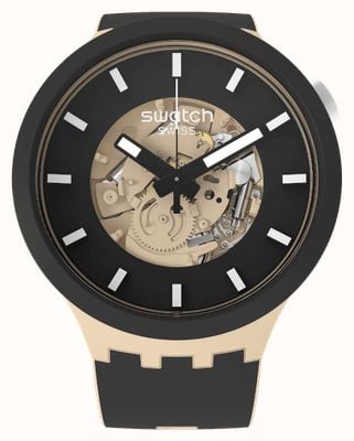 Swatch É hora do mostrador grande e ousado taupe (47 mm) preto e bege com coração aberto / pulseira de silicone preta e bege SB03C100