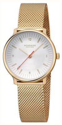 Mondaine Doppio (33 mm) cremefarbenes Zifferblatt / goldfarbenes Edelstahl-Mesh-Armband MLE.33111.SM