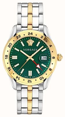 Versace Greca-Herrenarmband (41 mm) mit grünem Zifferblatt und zweifarbigem Edelstahlarmband VE7C00623