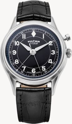 Vulcain Montre Cricket classique calibre alarme remontage manuel (39mm) cadran noir / bracelet cuir de veau noir 100268B07.BAN248