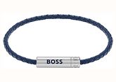 BOSS Jewellery Ares Air Braided Cuff In Blue Leather With Logo Plaque 1580874