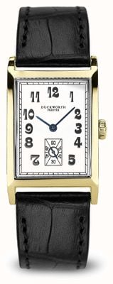 Duckworth Prestex Limitowana edycja z 18-karatowego złota z okazji stulecia (24 mm), biała prostokątna tarcza i czarny skórzany pasek D100-02-A