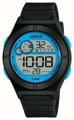 Lorus Digitales Multifunktionsgerät für Kinder, 100 m (36 mm), blaues Digitalzifferblatt / schwarzes Silikon R2361NX9