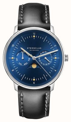 STERNGLAS Reloj Naos de cuarzo con fase lunar (38 mm), esfera azul medianoche con efecto rayos de sol y correa de piel negra. S01-NM06-BR02