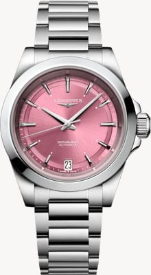 LONGINES Conquest automatique (34 mm) cadran soleillé rose / bracelet en acier inoxydable L34304996