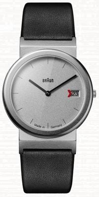 Braun Klassische Quarzuhr im Design einer Hommage an 1991 (34 mm), graues Zifferblatt / schwarzes Lederarmband AW50