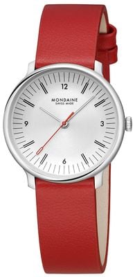 Mondaine Doppio (33 mm) cremeweißes Zifferblatt / rotes veganes Lederarmband MLE.33110.LCV