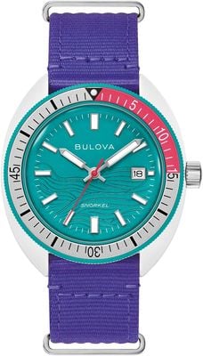 Bulova Schnorchel „Coral Reef“, limitierte Auflage (41 mm), türkisfarbenes Wellenzifferblatt / violettes #Tide Ocean-Material, NATO-Armband 98B447