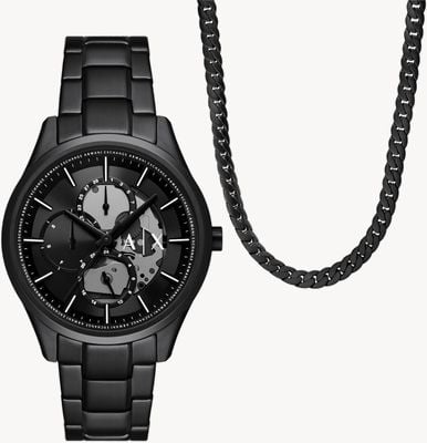 Armani Exchange Zestaw upominkowy Dante dla mężczyzn (42 mm) z czarną tarczą / czarną bransoletą ze stali nierdzewnej i pasującym naszyjnikiem AX7160SET