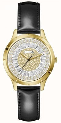 Guess Damski zegarek Glamour z kryształową tarczą i czarnym skórzanym paskiem GW0299L2