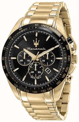 Maserati Traguardo heren | zwarte chronograaf wijzerplaat | gouden roestvrijstalen armband R8873612041