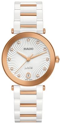 RADO Lacoupole Diamantquarz (31 mm) weißes Wellenzifferblatt / weiße Hightech-Keramik & Roségold-PVD-Armband R22240703