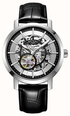 Rotary Męski zegarek szkieletowy z czarnym skórzanym paskiem w kolorze greenwich GS05350/02