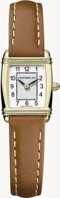 Herbelin Art-Déco-Quarz (17,8 mm) weißes Guilloché-Zifferblatt / braunes Lederarmband 17438P1N22GD
