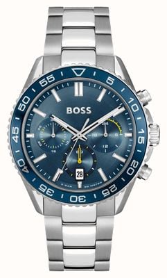 BOSS Мужские часы-бегун (43 мм), синий циферблат с хронографом и браслет из нержавеющей стали 1514143