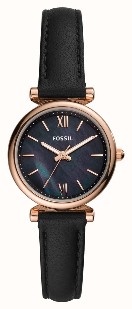 Fossil Women s Carlie Mini Black Mother of Pearl Dial Black Leather Strap ES4700 First Class Watches HKG