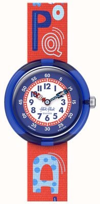 Flik Flak Kennen Sie Ihr ABC (31,85 mm) weißes und blaues Zifferblatt / rotes Armband mit Alphabetmuster FBNP244