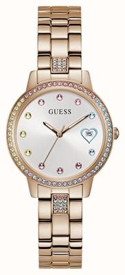 Guess Women's Three of Hearts (34mm) Rainbow Crystal Silver Dial / Rose Gold-Tone Stainless Steel Bracelet GW0657L3