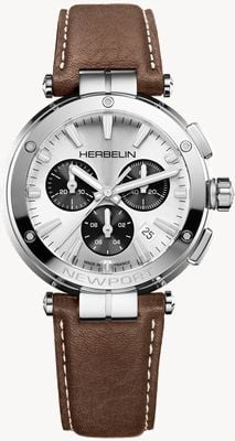 Herbelin Newport Chronograph (40.5mm) Silver Sunray Dial / Brown Leather Strap 37658AP42MA
